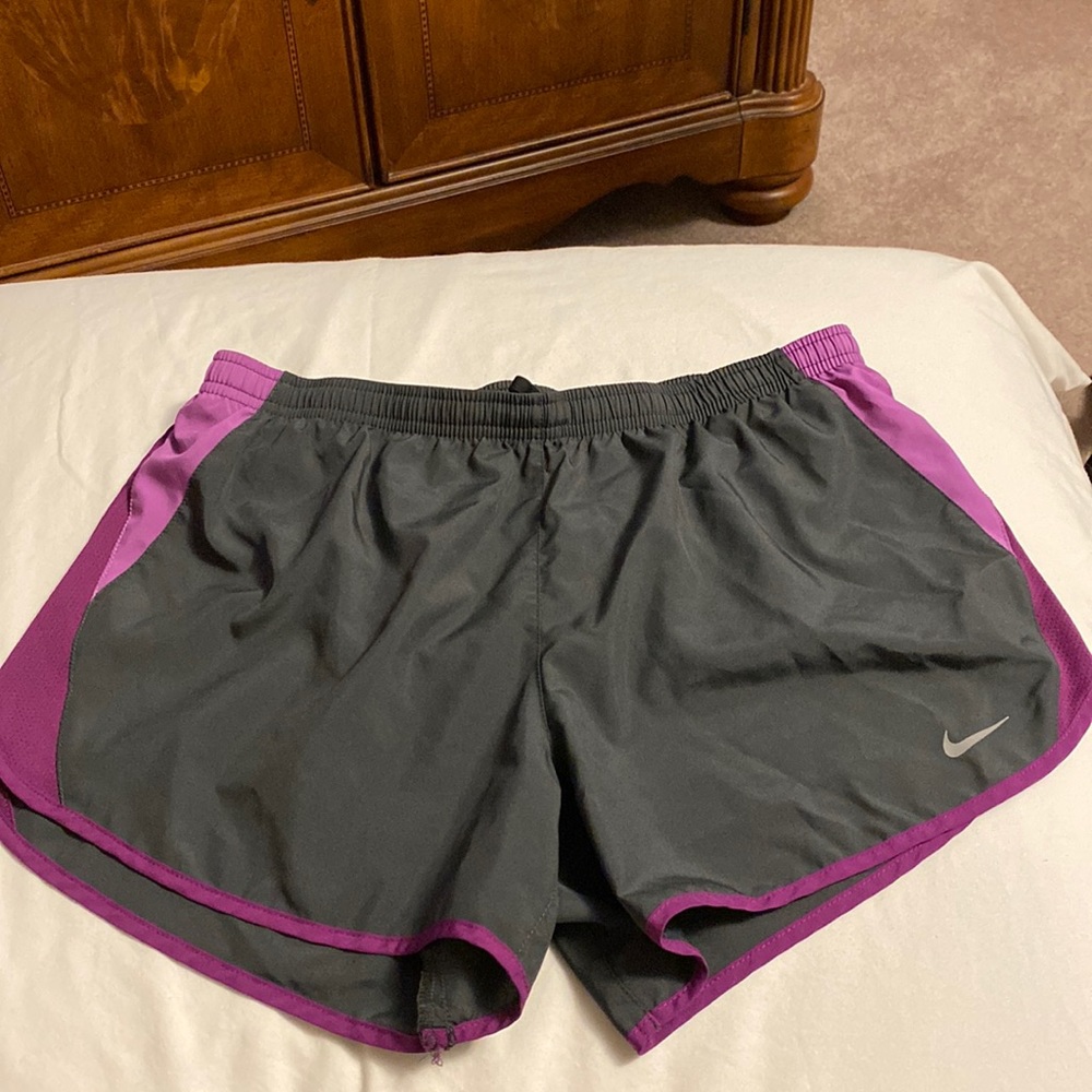 Nike Women's Tempo Running Shorts Dark Gray / Purple on side.  Size M  Dri Fit